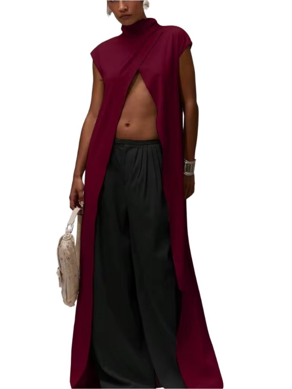 Musera High Neck Longline Split Front Burgundy Duster Short Sleeve Top Size M